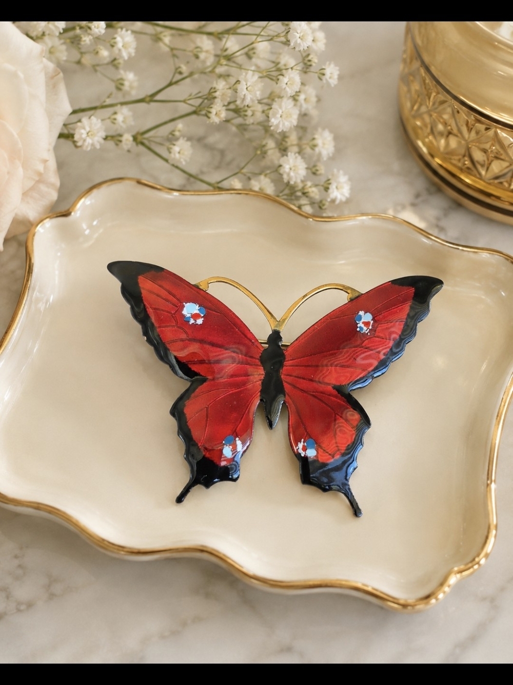 Red & Black  Enamel Butterfly Brooch Pin